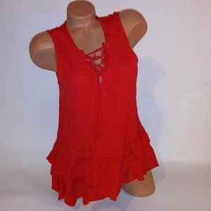 RO + DE Tank Top Medium Solid Red Lace Up Front Peplum Ruffle Sleeveless 100% Ra